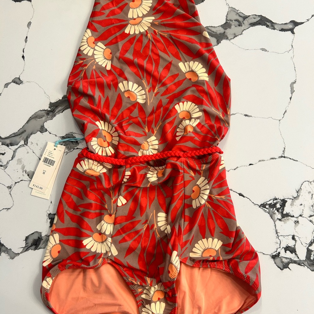 Seea Red and Orange One Piece Swimsuit backless with Wrap-Style Neckline - Picture 2 of 5